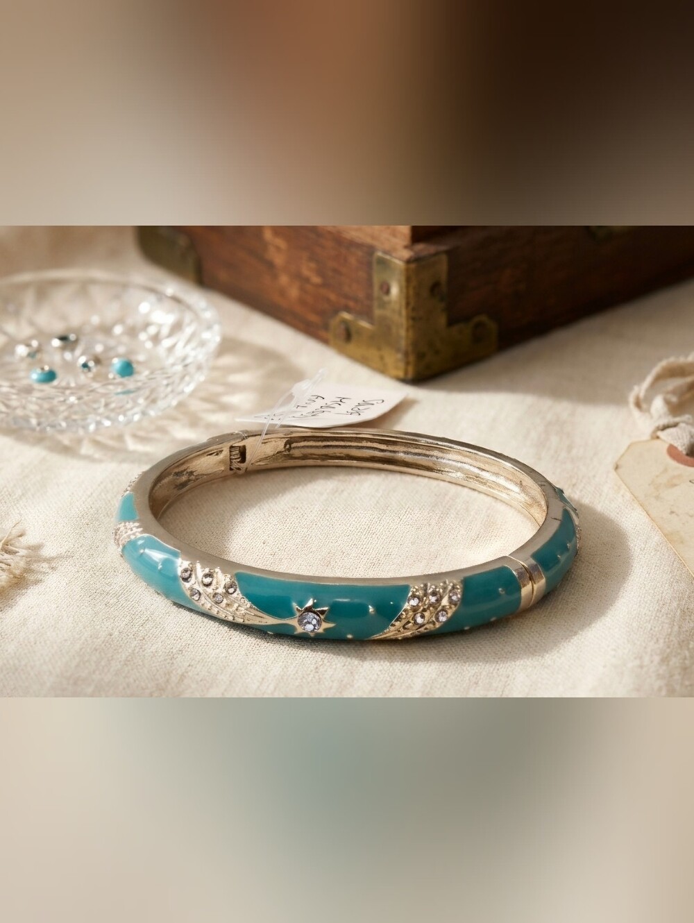 Turquoise Enamel and Crystal Accent Bangle Clamp Bracelet